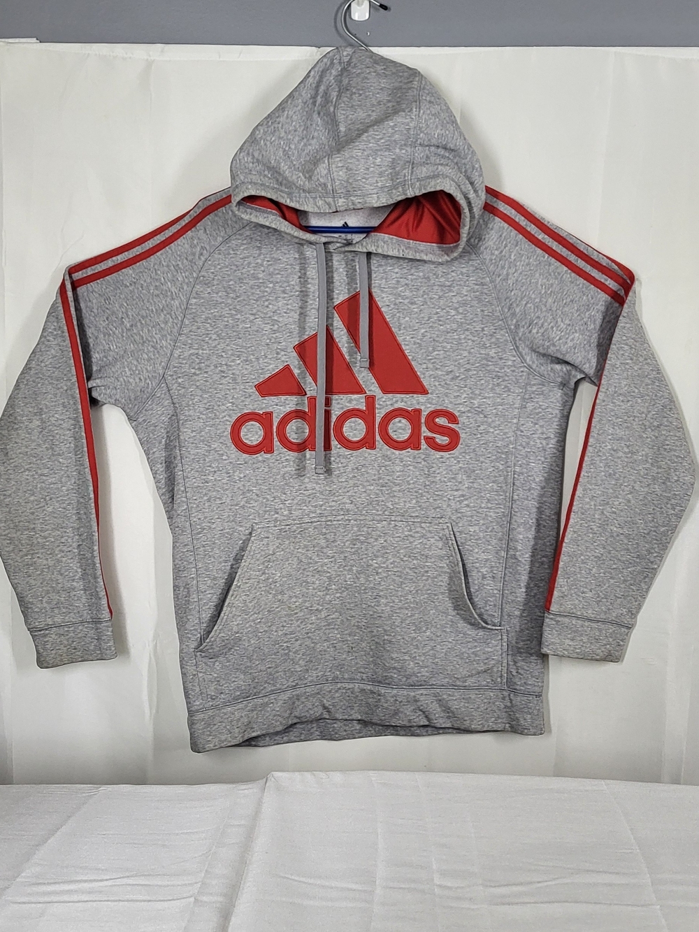 adidas Gray Hoodie with Red Logo and Stripe Details